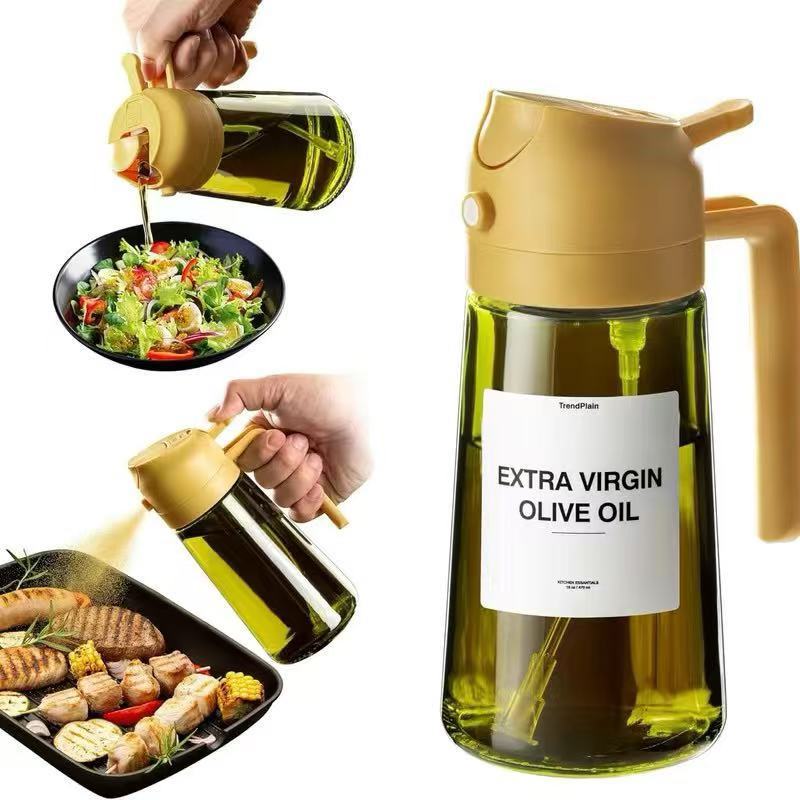 Yellow AeroMist oil sprayer misting grilled food and pouring on salad